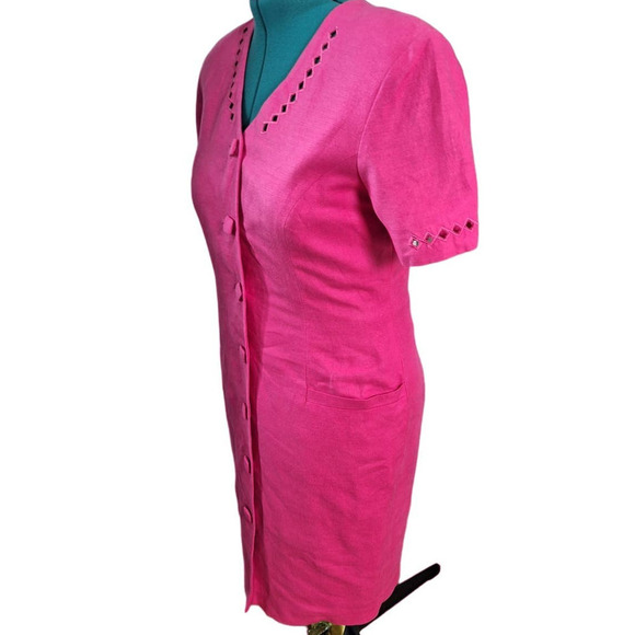 Vintage 80s/90s Hot Pink Button Front Power Dress Medium 10 - Picture 6 of 11